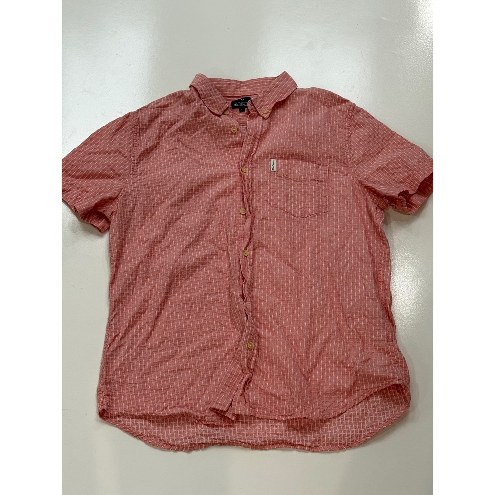 Ben Sherman Mens Salmon Pink Dash Print Short Sleeve Button Down Shirt Large